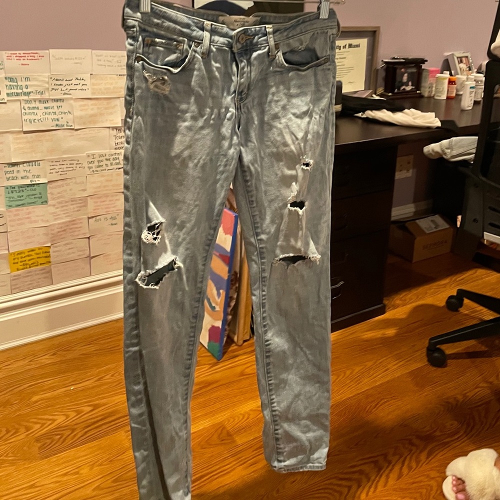 Light blue A&F distressed super skinny